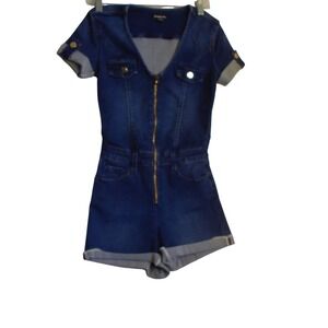 Bebe Denim Romper Dark Wash Zip Front Short Sleeve V-Neck Blue Size 25
